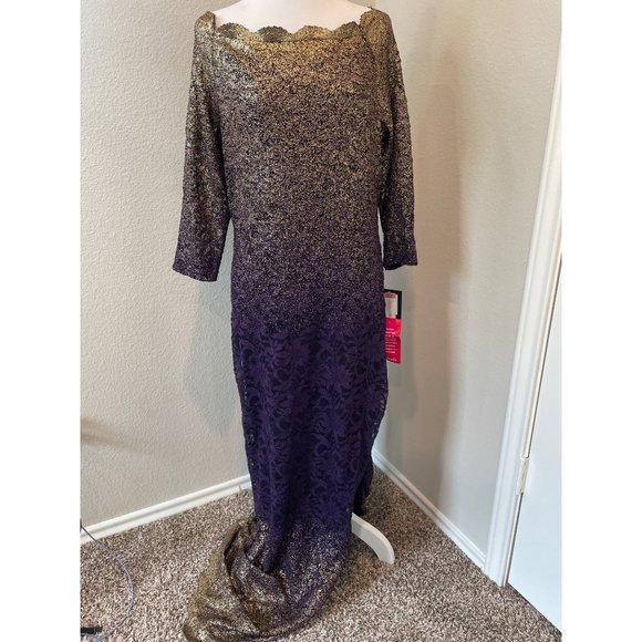 NWT Marina Purple Ombre Lace Detail Evening Formal Gown